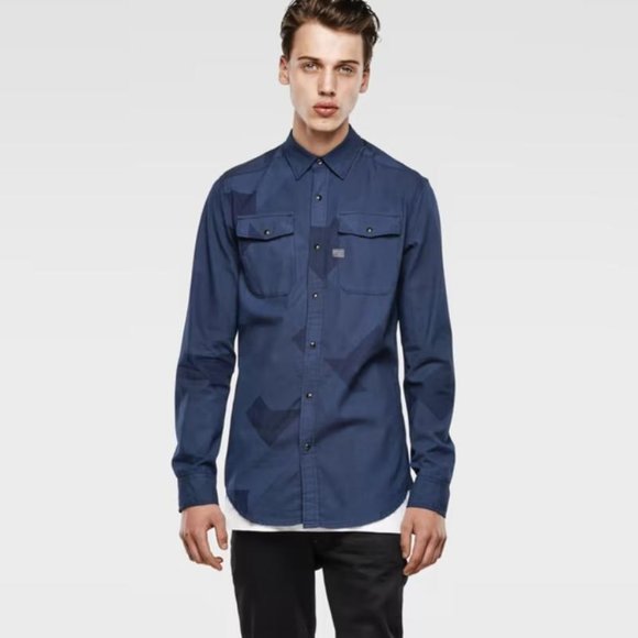 NWT G-Star RAW Shirt Mens Small Landoh Long Sleeve Button Up Dark Blue geometric - Picture 1 of 16